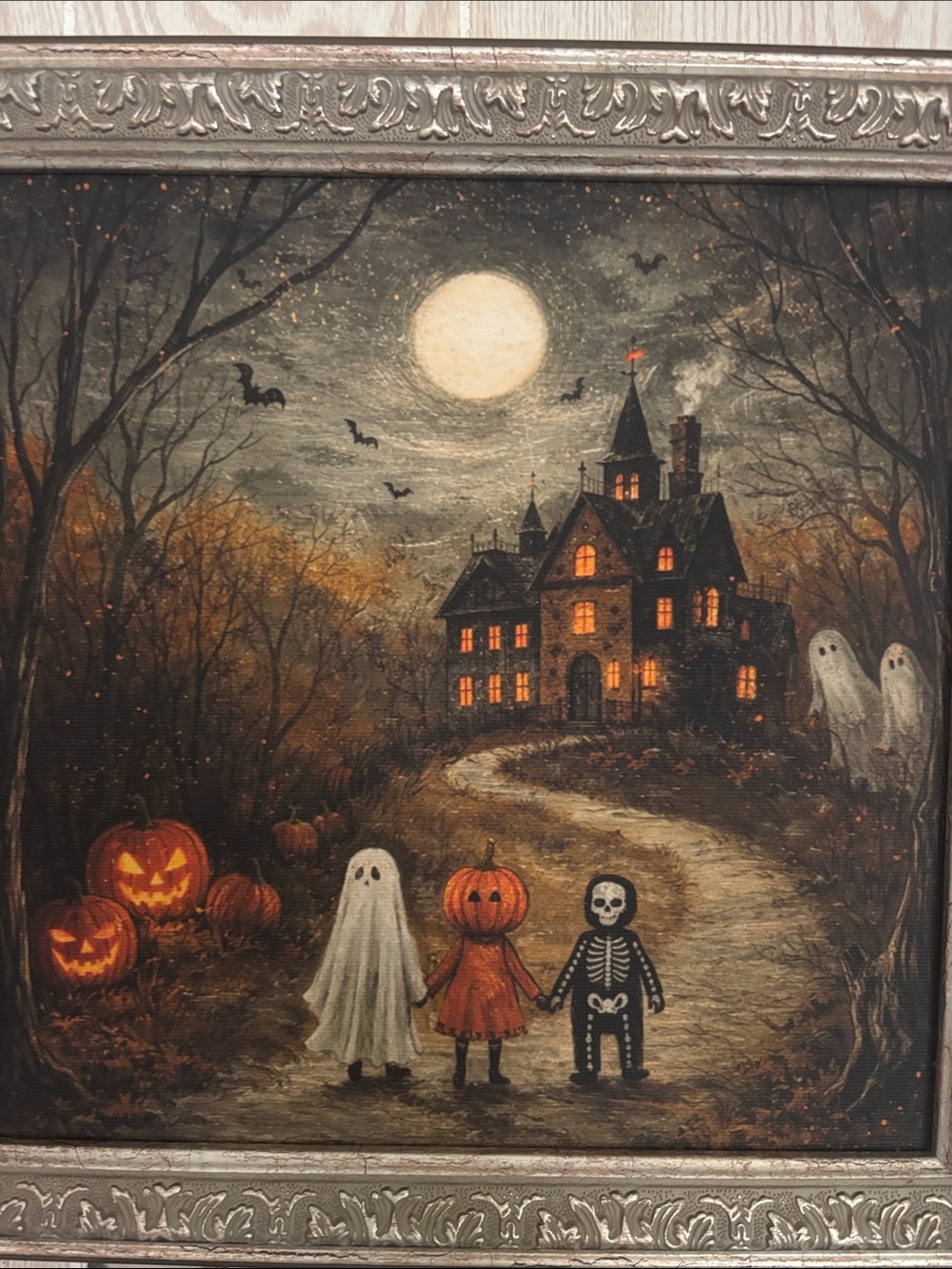 Halloween Haunted House Wall Art - Black & Orange Spooky Scene